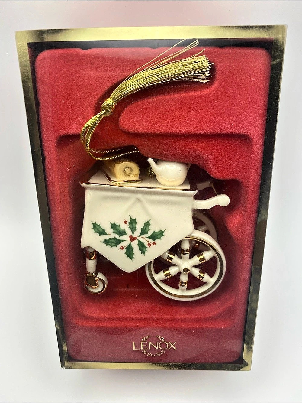 Vintage Retired Lenox Holiday Home Tea Cart Ornament, White & Red